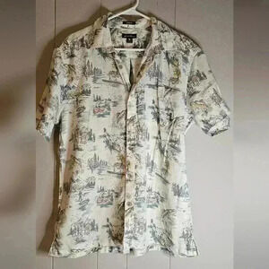 Eddie Bauer White Fishing Print Collared Shirt Classic Fit Large